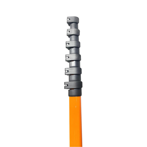 ProTool Apex 30ft Carbon Fiber Rotary Brush Pole, a telescoping pole with a gray rotary brush attachment, orange extension, and sturdy grip for professional cleaning and maintenance tasks.